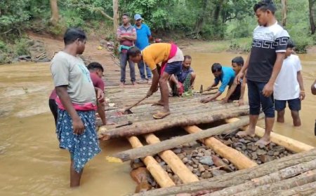 ବର୍ଷାରେ ଭାସିଗଲା କୁଚେଣ୍ଡି ନଦୀର କାଠ ପୋଲ, ଚାନ୍ଦା କରି କାଠ ପୋଲ ନିର୍ମାଣ କଲେ ଶତାଧିକ ଲୋକେ।